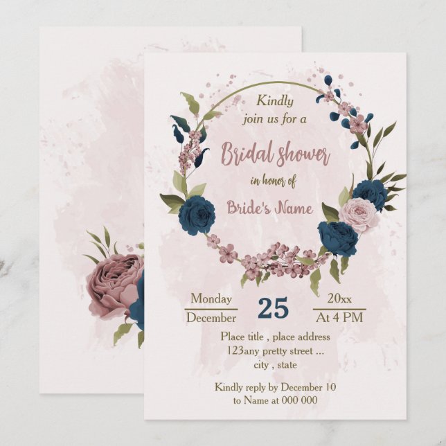 Invitation bleu marine rose fleurs botanique douche de la nup (Devant / Derrière)