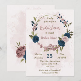 Invitation bleu marine rose fleurs botanique douche de la nup