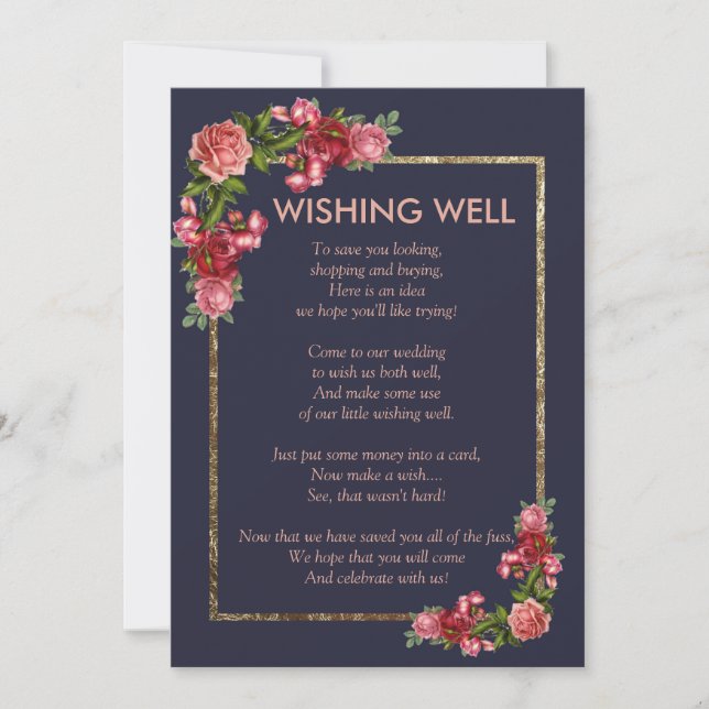 Invitation Bleu marine rose floral or souhaitant la bienvenue (Devant)
