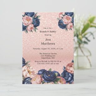 Invitation Bleu Marine & Rose Gold Floral Brunch et Bubbly