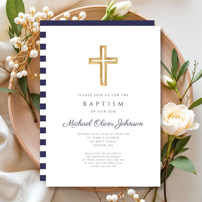 Invitation Bleu marine Script Croix religieuse garçon Baptême (Navy Blue Script Religious Cross Boy Baptism Invitation)