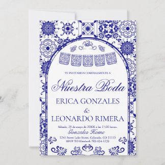 Invitation Bleu marine Talavera Papel Picado Mariage Espagnol