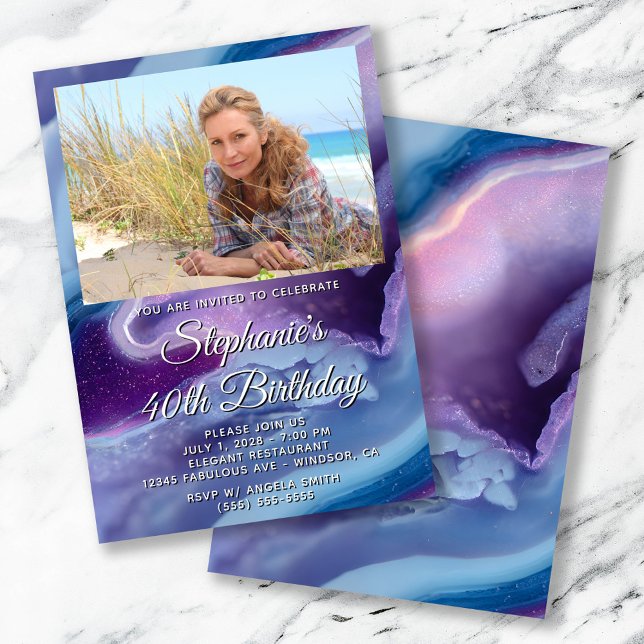 Invitation Bleu mauve Géode photo frontière 40e anniversaire (Blue Purple Agate Geode Photo Border 40th Birthday Invitation)