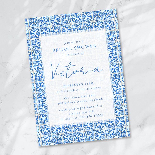Invitation Bleu Méditerranéen Carrelage Douche nuptiale Invit (Créateur téléchargé)
