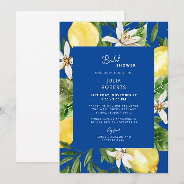 Invitation Bleu méditerranéen et Fête des mariées jaune Invit (Devant / Derrière)