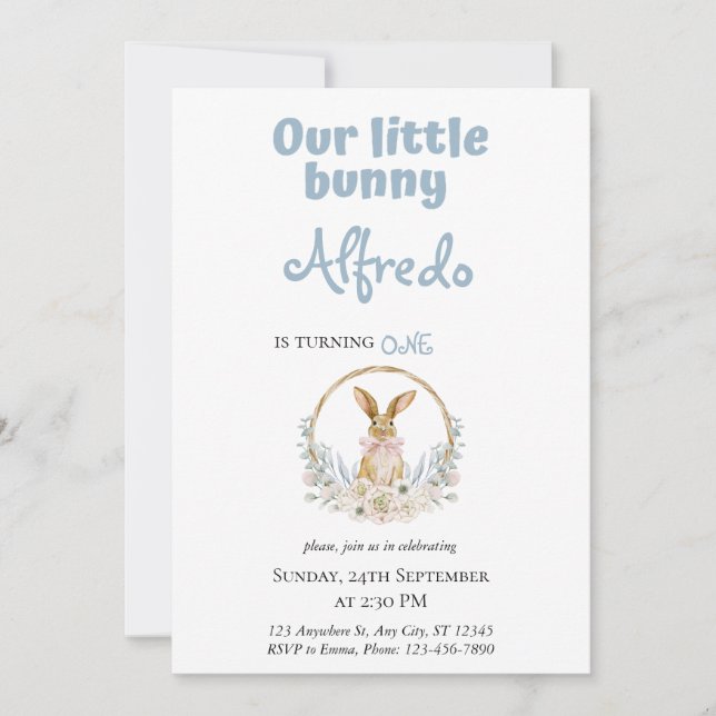 Invitation Bleu mignon lapin de Pâques anniversaire bébé (Devant)