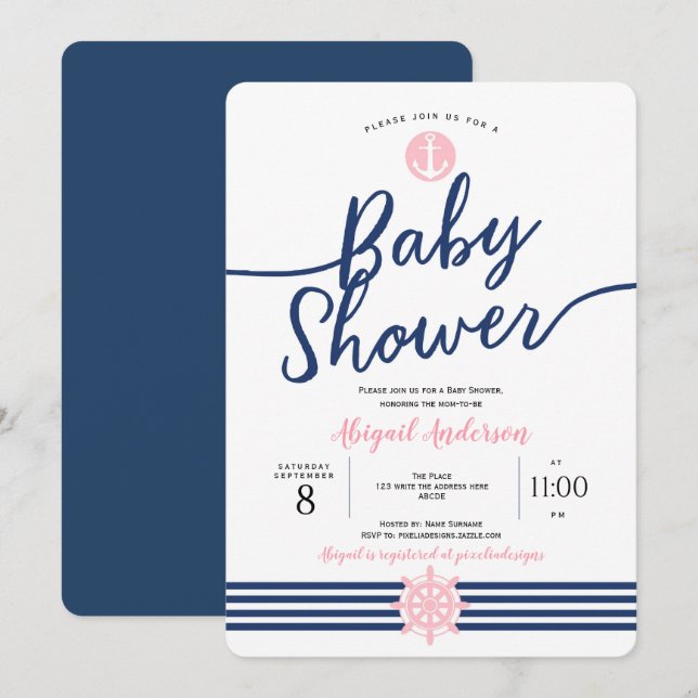 Invitation Bleu mignon, rose et marine, Nautique, Baby shower (Devant / Derrière)