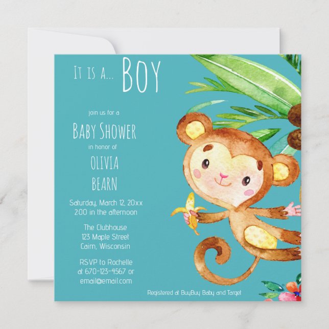 Invitation Bleu mignon singe bébé garçon (Devant)