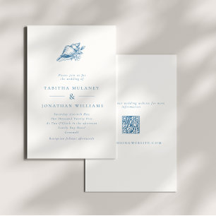Invitation Bleu minimaliste Coquillage Vintage QR Code Mariag