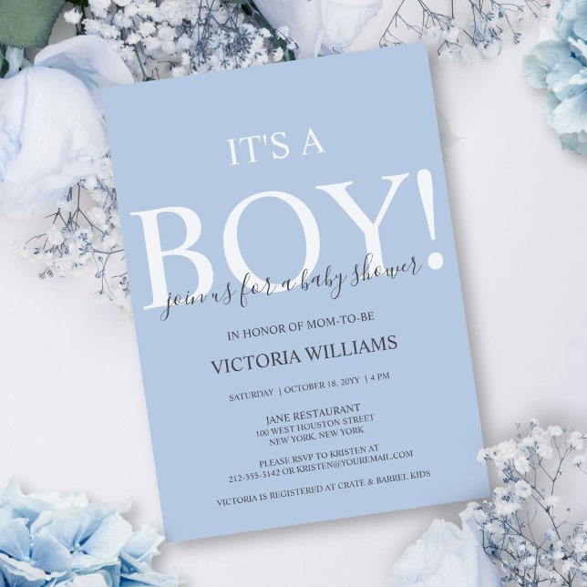 Invitation Bleu moderne C'est un Baby shower de Typographie G (This simple, dusty blue baby shower invite is perfect for a mom expecting a baby boy.)