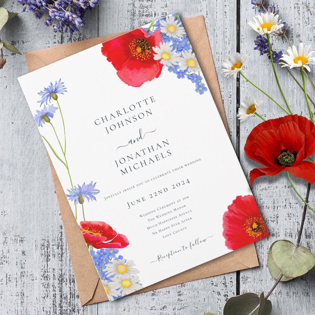 Invitation Bleu moderne Élégant Mariage Floral Été (Modern wildflower watercolor boho blue wedding invitation )