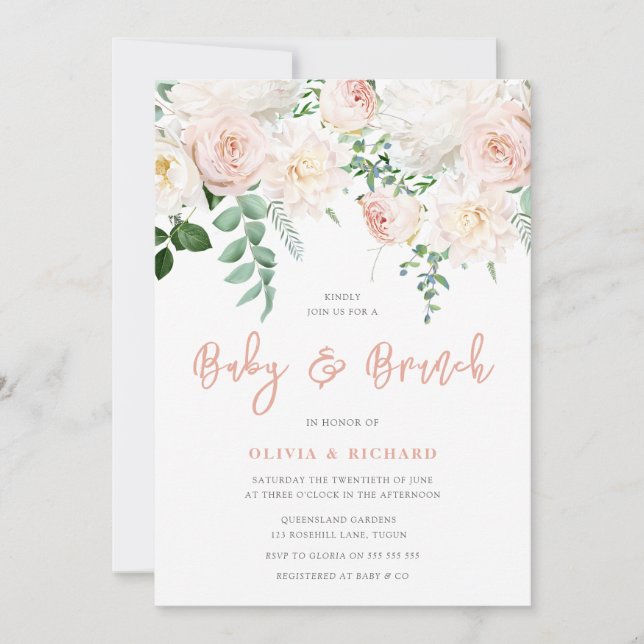 Invitation Bleu mou et Baby shower floral blanc Brunch (Devant)