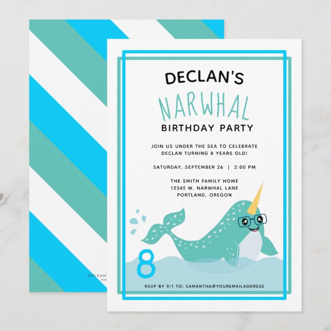 Invitation Bleu Narwhal sous l'océan Arctique fête d'annivers (Devant / Derrière)