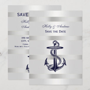 Invitation Bleu Nautique Ancre Argent Poids BG V Date à reten