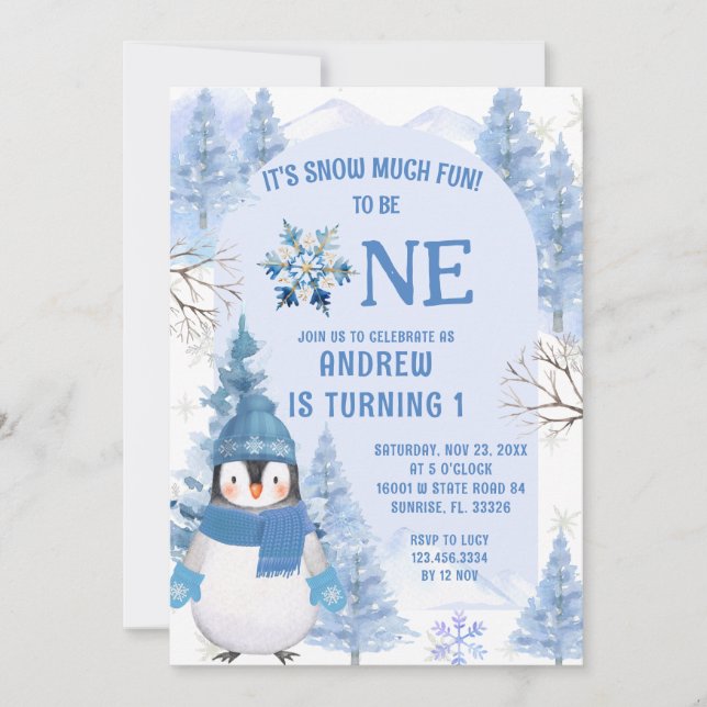 Invitation Bleu neige d'hiver beaucoup amusant premier annive (Devant)