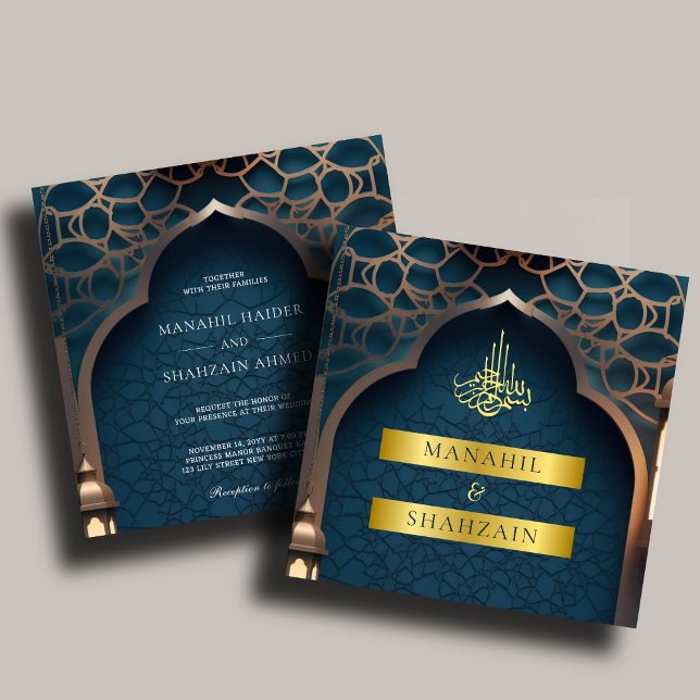 Invitation Bleu Nil Arc islamique 3D Élégant Mariage musulman (Créateur téléchargé)