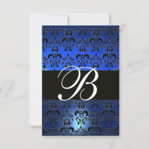 INVITATION BLEU NOIR BLANC  DAMAS MONOGRAMME RSVP