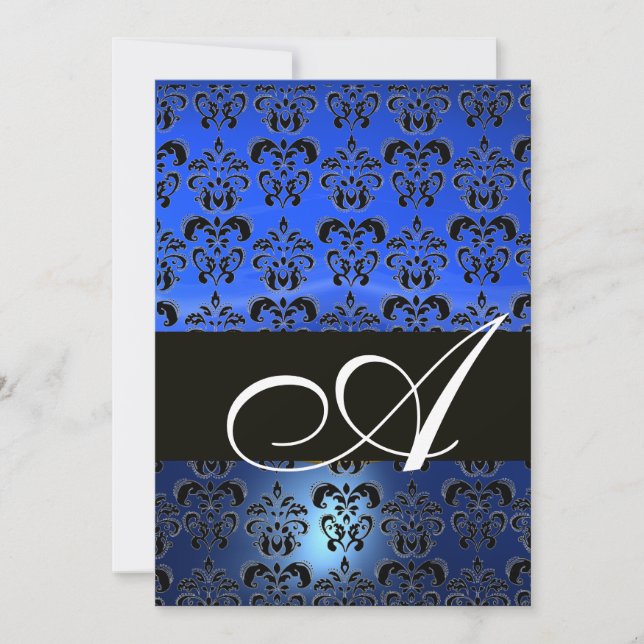 Invitation BLEU  NOIR  DAMAS MONOGRAMME ,blanc brillant (Devant)