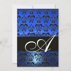 Invitation BLEU NOIR DAMAS MONOGRAMME ,blanc brillant