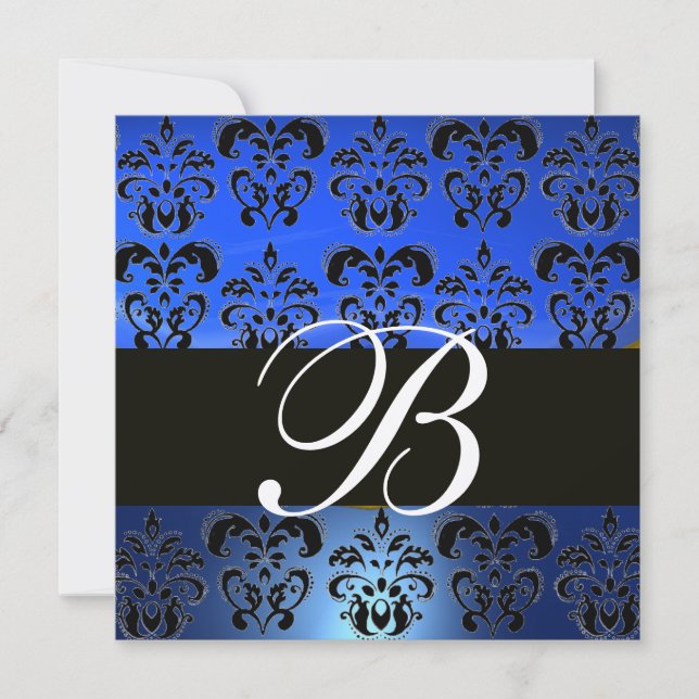 Invitation BLEU NOIR  DAMAS MONOGRAMME , Or Blanc Brillante (Devant)
