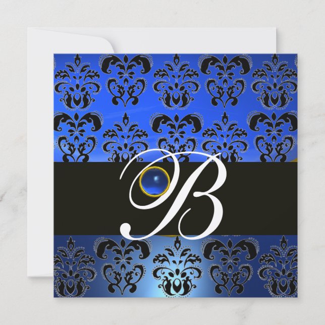 INVITATION BLEU NOIR DAMAS MONOGRAMME SAPHIR MÉTALLISÉ OR (Devant)