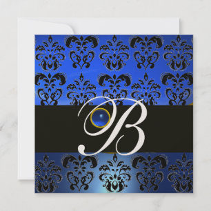 INVITATION BLEU NOIR DAMAS MONOGRAMME SAPHIR MÉTALLISÉ OR