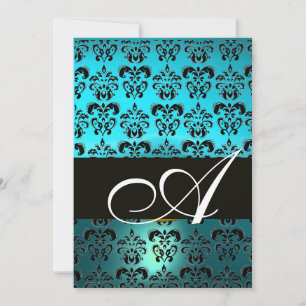 Invitation BLEU NOIR  DAMAS MONOGRAMME, turquoise blanc brill