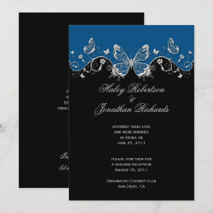 Invitation Bleu Noir Papillons Argent Mariage