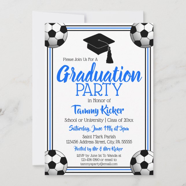 Invitation Bleu & Noir Soccer Graduer Party (Devant)