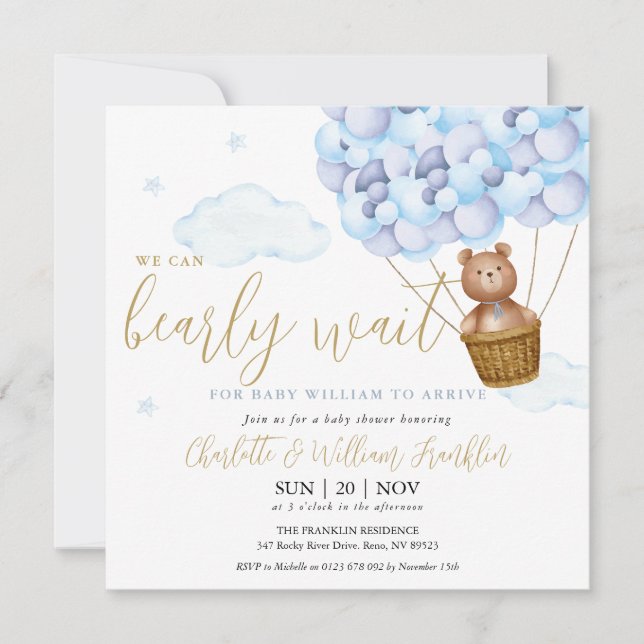 Invitation Bleu Nous Pouvons Attendre Teddy Bear Baby shower (Devant)