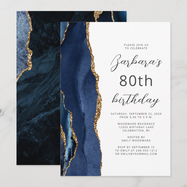 Invitation Bleu Nuit Agate Dorée Script 80e Anniversaire (Devant / Derrière)