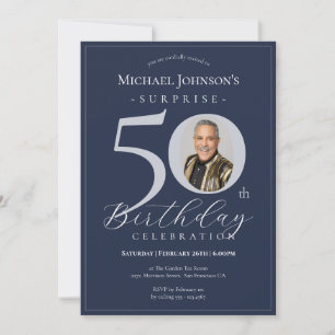 Invitation Bleu Nuit Argent Photo Surprise 50e Anniversaire