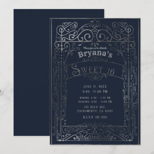 Invitation Bleu Nuit et Argent Décoration de Sweet 16 Vintage