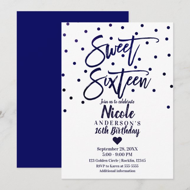 Invitation Bleu Nuit Moderne Script Douze Seize (Devant / Derrière)