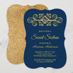 Invitation Bleu Nuit Or Flourish Diamant Sweet Sixteen