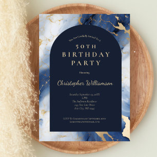 Invitation Bleu Nuit Or Marbre Moderne 50e Anniversaire