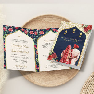 Invitation Bleu Nuit Or Rouge Floral Combinaison Unique Maria