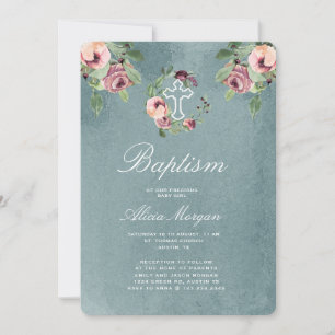 Invitation bleu océan marsala floral élégant baptême