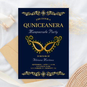 Invitation Bleu Or 15e anniversaire Masquerade Quinceanera