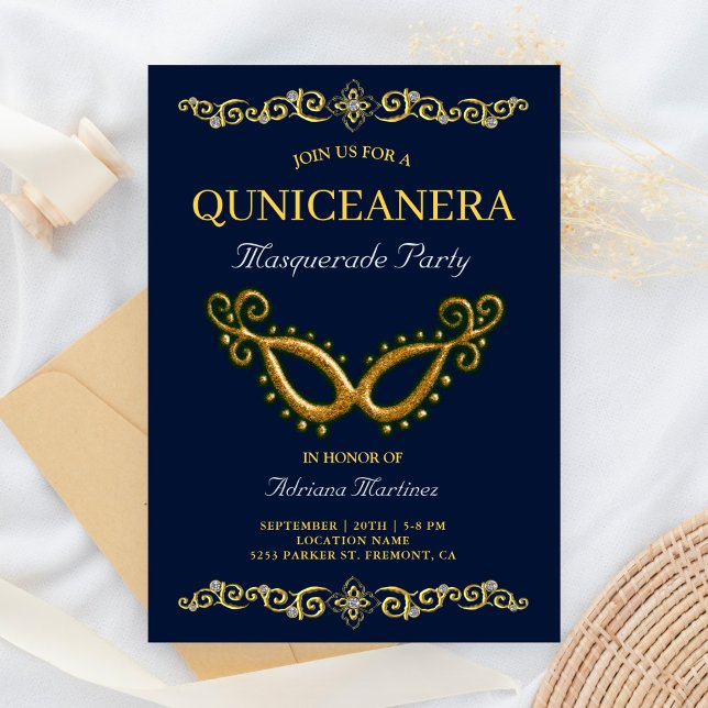 Invitation Bleu Or 15e anniversaire Masquerade Quinceanera (Créateur téléchargé)