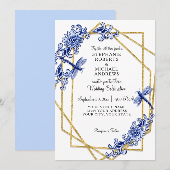 Invitation Bleu or asiatique libellule Chine Fleurs aquarelle (Devant / Derrière)