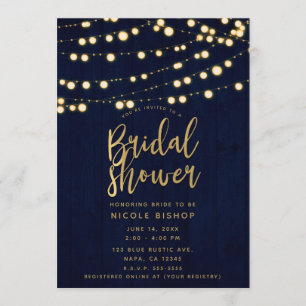 Invitation Bleu Or Bois Rustique & Lumières Fête de Mariage d