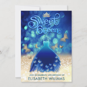 Invitation Bleu or bokeh papillon robe typographie