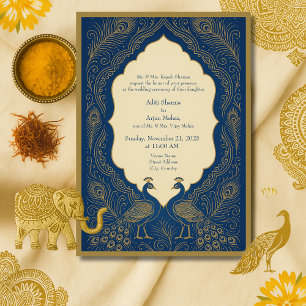 Invitation bleu or Élégant Paon Mariage hindou
