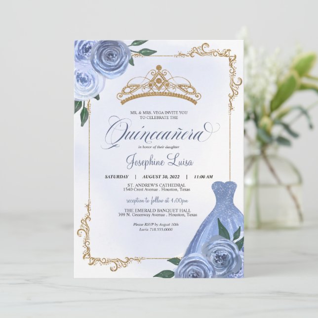 Invitation Bleu or et blanc Floral Tiara Quinceañera (Debout devant)