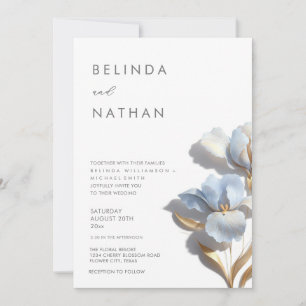 Invitation Bleu Or Fleurs 3D Blanches