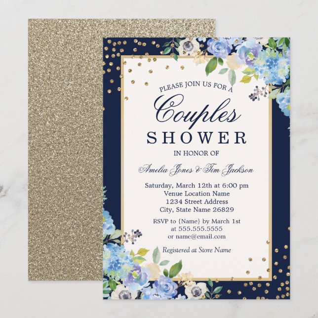 Invitation Bleu or floral Étincelle Couples Douche (Devant / Derrière)