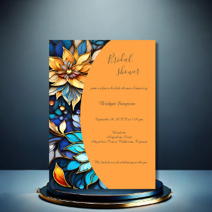 Invitation Bleu & Or Floral Verre coloré Élégant nuptial