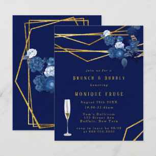 Invitation Bleu & Or Géométrique Floral Brunch & Bubbly