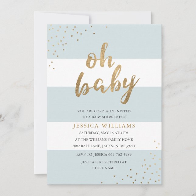 Invitation Bleu & Or Grandes Modernes Oh Baby shower Invitati (Devant)